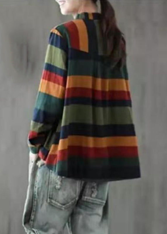Unique Colorblock Stand Collar low high design button Striped Shirts Long Sleeve