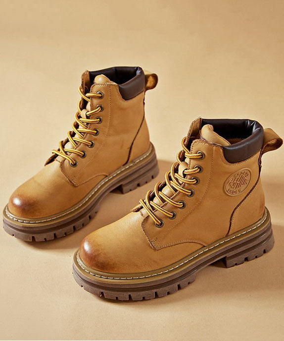 Unique Cross Strap Boots Yellow Cowhide Leather Mountaineering Boots