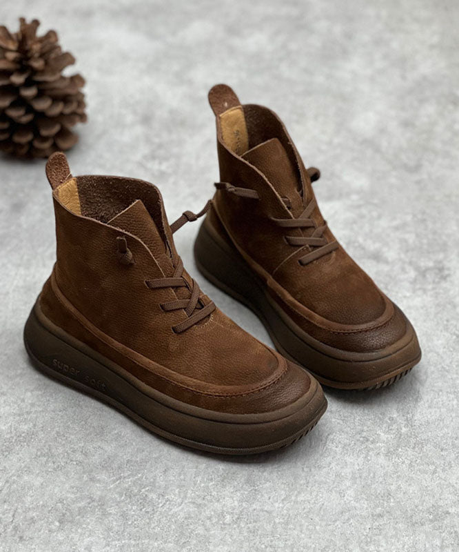 Unique Cross Strap Platform Boots Warm Fleece Chocolate Cowhide Leather