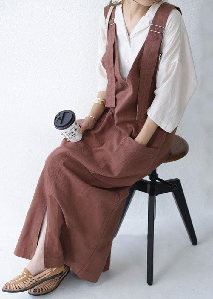 Unique Dark Grey V Neck Pockets Patchwork Denim Carpenter Dress Spring