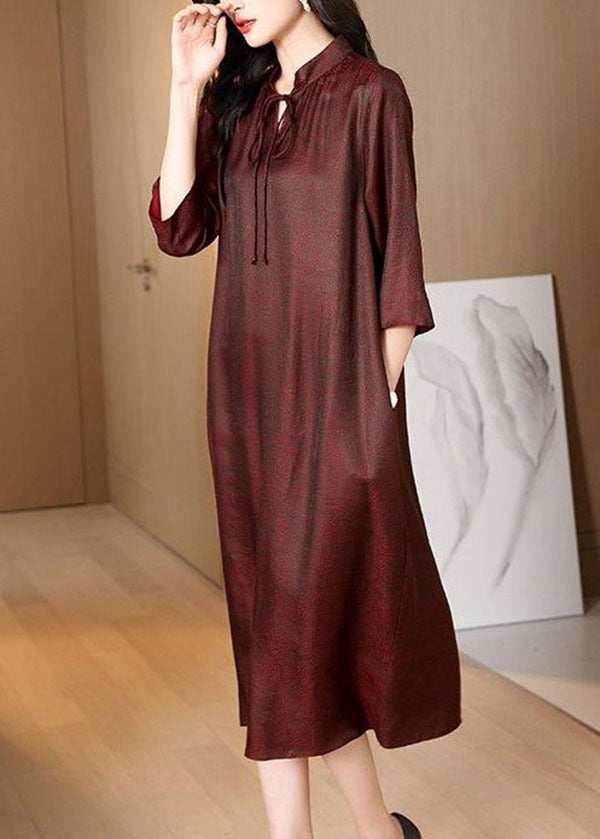 Unique Dark Red Stand Collar Lace Up Pockets Silk Long Dress Bracelet Sleeve