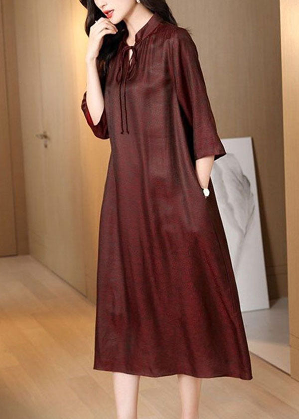 Unique Dark Red Stand Collar Lace Up Pockets Silk Long Dress Bracelet Sleeve