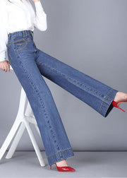 Unique Denim Blue High Waist Zip Up Pockets Draping Cotton Wide Leg Pants Summer