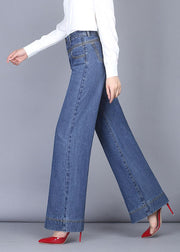 Unique Denim Blue High Waist Zip Up Pockets Draping Cotton Wide Leg Pants Summer