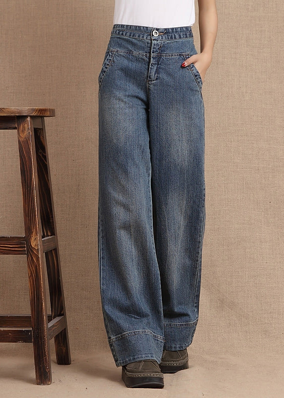 Einzigartige Jeansblaue Taschen mit hoher Taille und weitem Bein aus Baumwolle