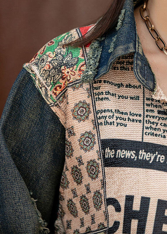 Unique Denim Patchwork Knit Peter Pan Collar Pockets Side Open Fall Long Sleeve Coat