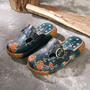 Unique Embossed Platform Slippers Shoes Blue Cowhide Leather - SooLinen