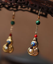 Unique Gold Color Gourd Original Design 14K Gold Drop Earrings