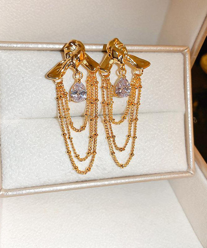 Unique Gold Copper Zircon Water Drop Tassel Drop Earrings