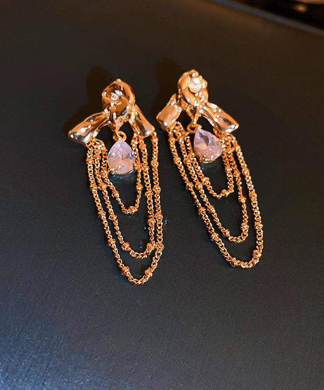 Unique Gold Copper Zircon Water Drop Tassel Drop Earrings