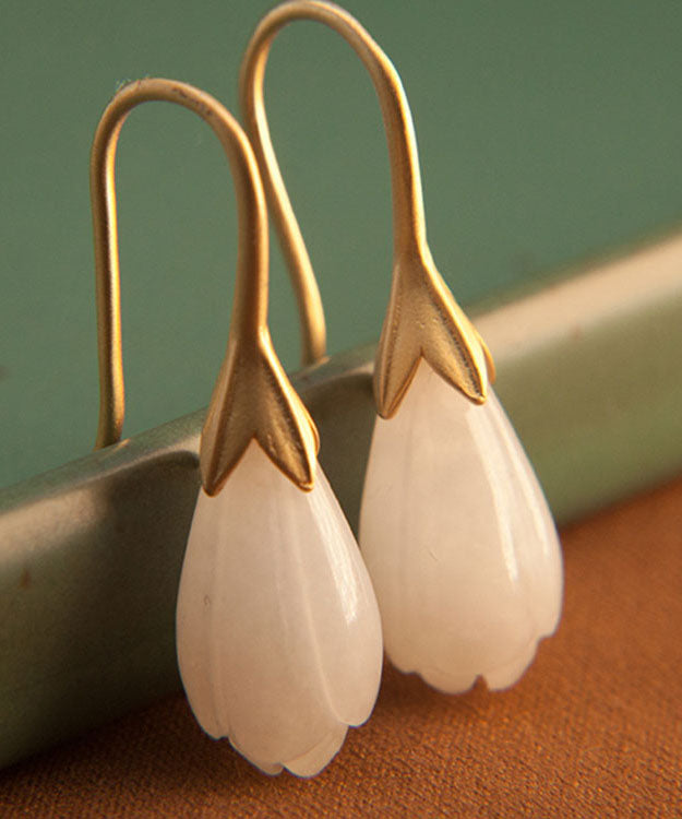 Unique Gold Sterling Silver Inlaid White Jade Drop Earrings