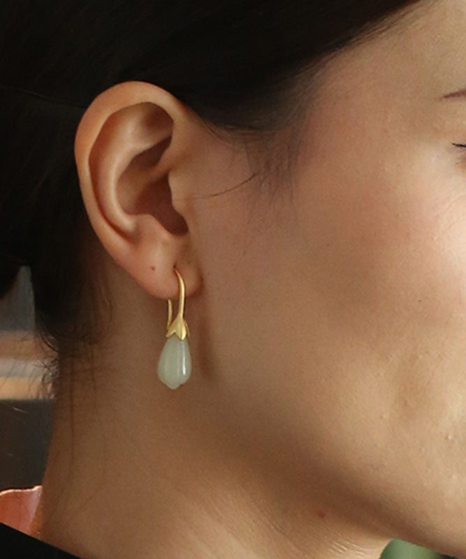 Unique Gold Sterling Silver Inlaid White Jade Drop Earrings