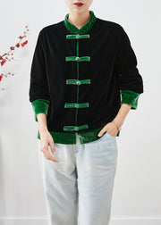 Unique Green Chinese Button Patchwork Silk Velour Jackets Fall