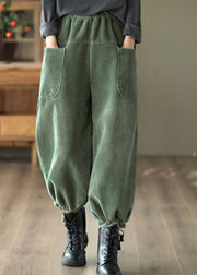 Unique Green Elastic Waist Oversized Pockets Warm Fleece Pants Winter