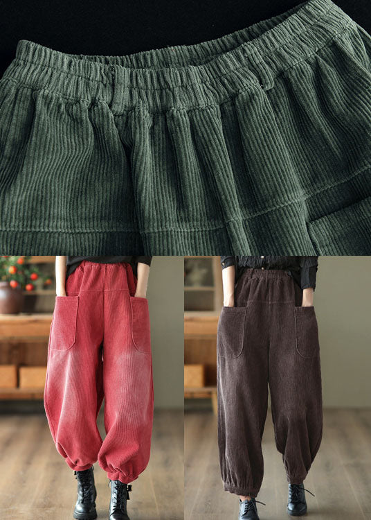 Unique Green Elastic Waist Oversized Pockets Warm Fleece Pants Winter