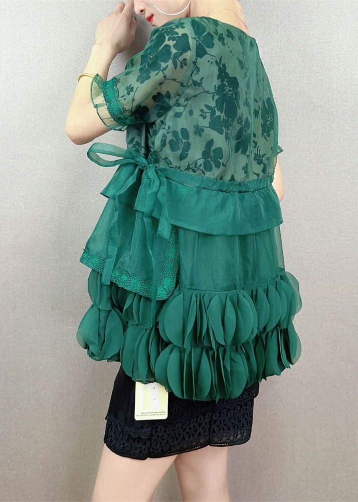 Unique Green Embroidered Decorated Patchwork Tulle Top Summer