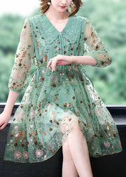 Unique Green Embroidered Ruffled Hollow Out Organza Cinch Dress Bracelet Sleeve