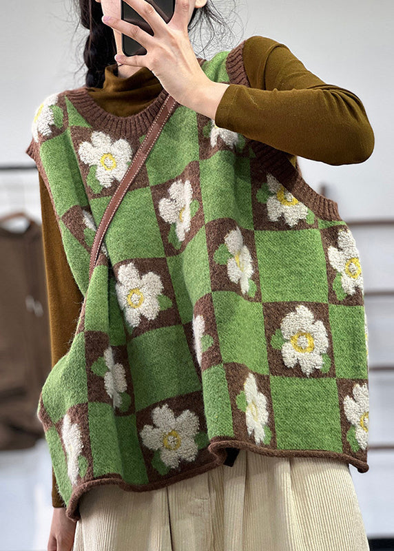 Unique Green Floral Jacquard Thick Knit Vest Tops Spring