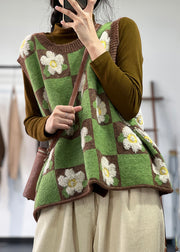 Unique Green Floral Jacquard Thick Knit Vest Tops Spring