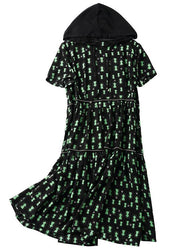 Unique Green Hooded Print Patchwork Chiffon Dresses Summer