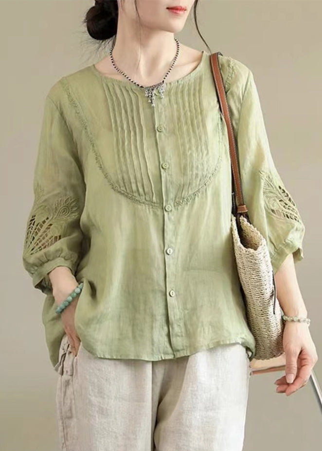 Unique Green O-Nec Embroidered Wrinkled Ramie Top Fall