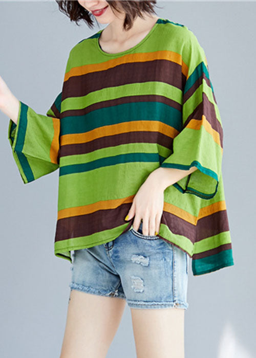 Unique Green O-Neck Asymmetrical Striped T Shirt Summer