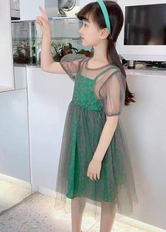 Unique Green O-Neck Dot Patchwork Tulle Girls Long Dress Summer