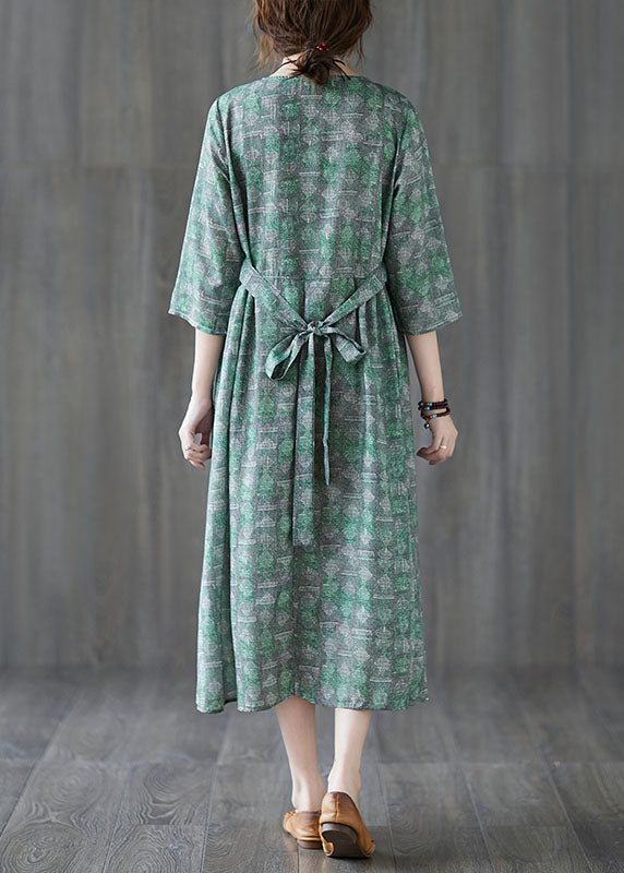 Unique Green O-Neck Patchwork Print Fall Maxi Dresses Half Sleeve