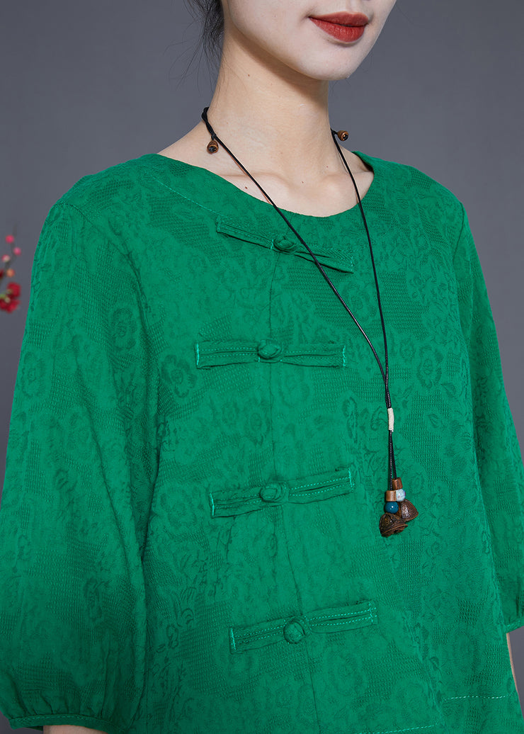 Unique Green Oversized Chinese Button Cotton Shirt Bracelet Sleeve
