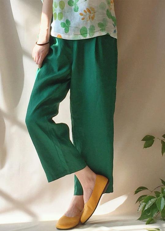 Unique Green Pants Summer Pockets Elastic Waist Sewing Pant - SooLinen