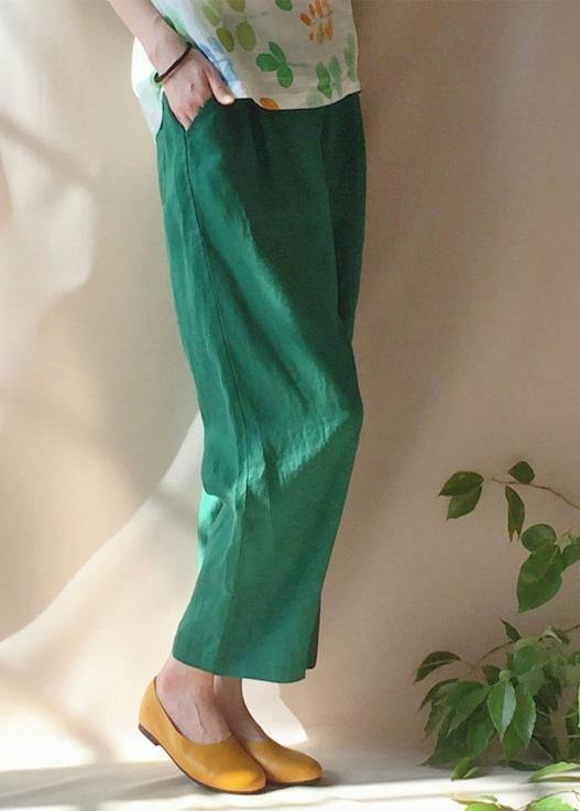 Unique Green Pants Summer Pockets Elastic Waist Sewing Pant - SooLinen