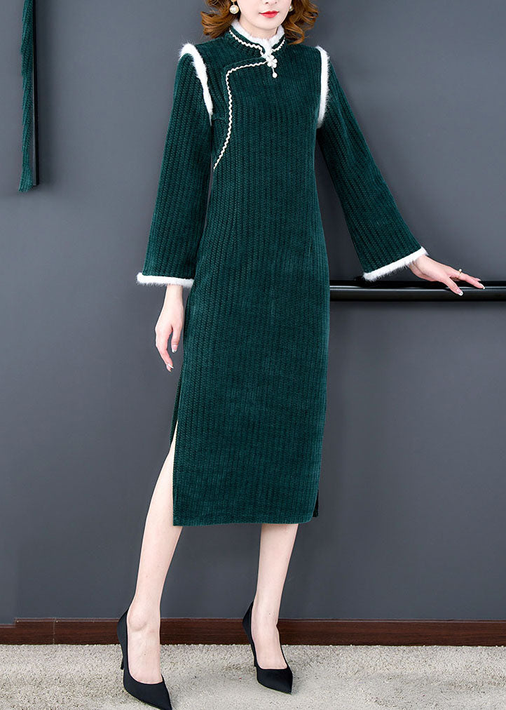 Unique Green Patchwork Side Open Thick Velour Maxi Dress Long Sleeve