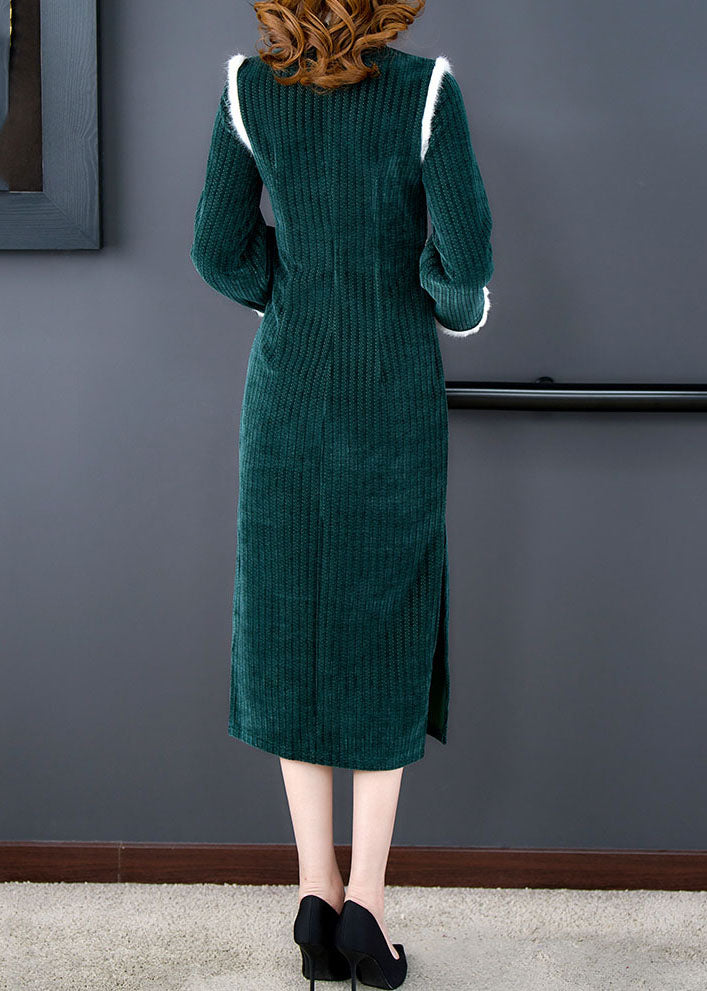 Unique Green Patchwork Side Open Thick Velour Maxi Dress Long Sleeve