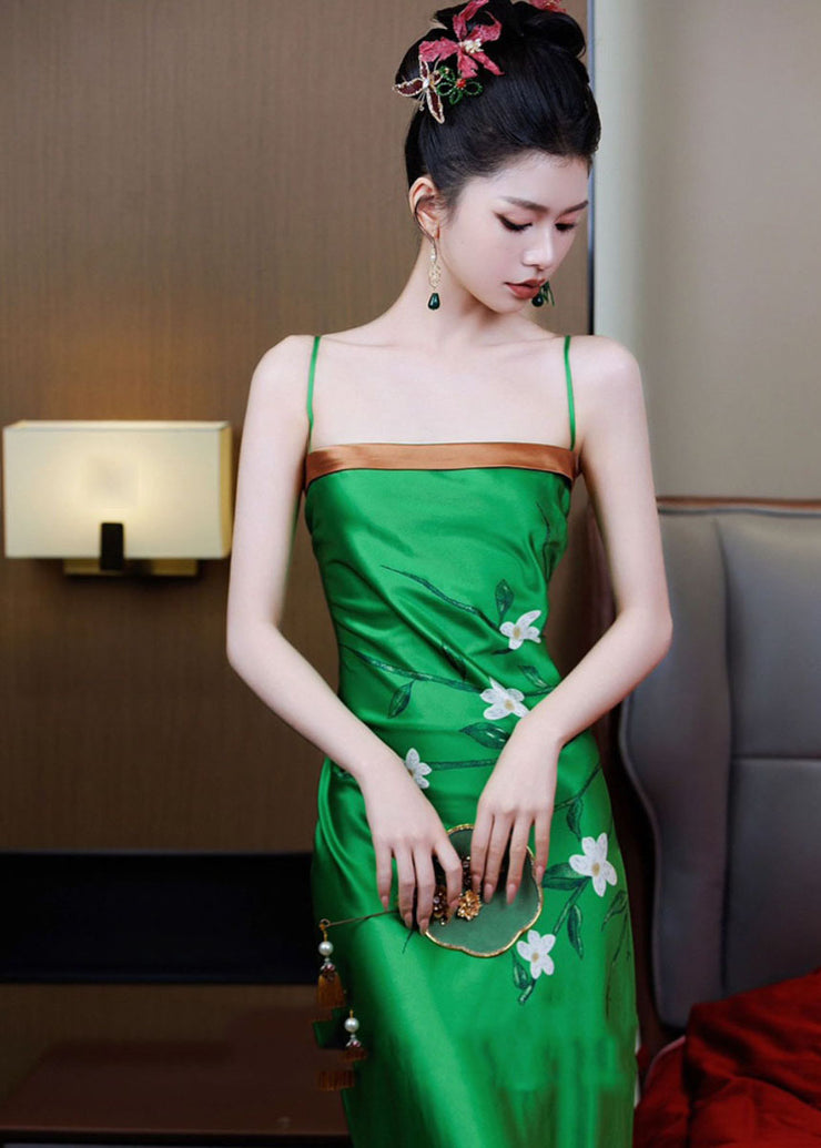 Unique Green Print High Waist Silk Slip Dress Summer