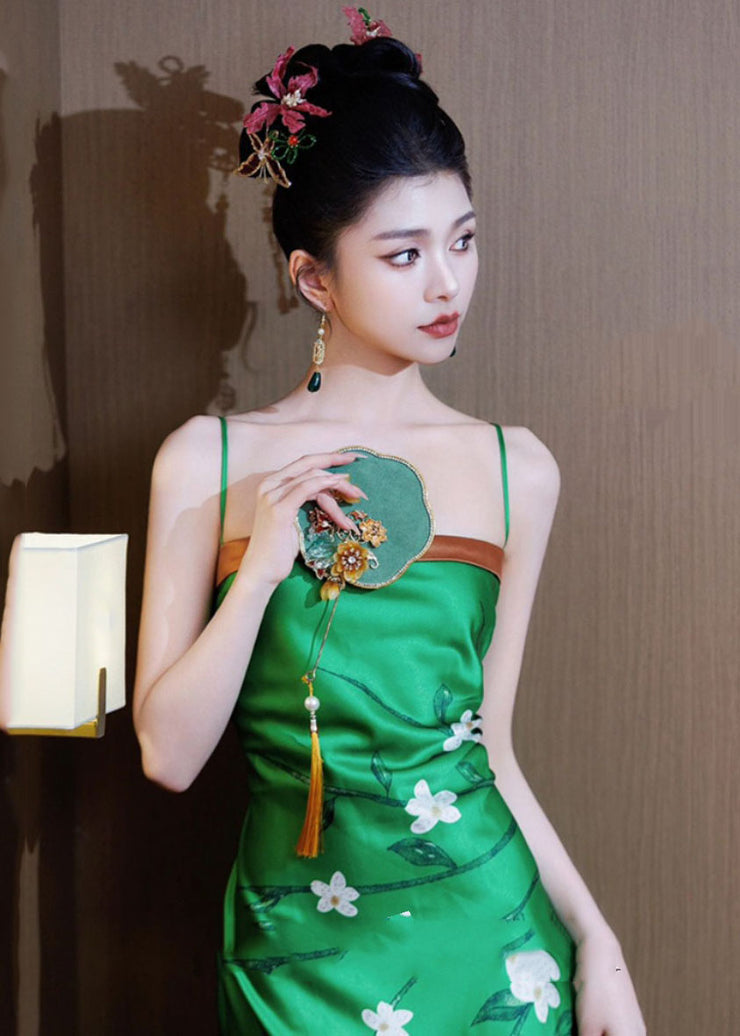 Unique Green Print High Waist Silk Slip Dress Summer