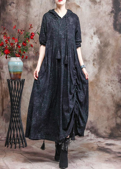 Unique Dark Green Print Outfit Hoodie Dress Asymmetric Maxi Dress - SooLinen
