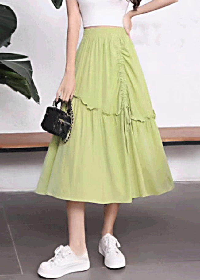 Unique Green Ruffled Drawstring Draping Elastic Waist Silk Cotton Pleated Skirt Summer