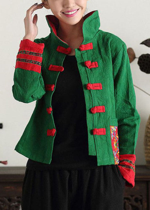 Unique Green Stand Collar Embroidered Patchwork Cotton Chinese Style Coats Spring