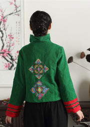Unique Green Stand Collar Embroidered Patchwork Cotton Chinese Style Coats Spring