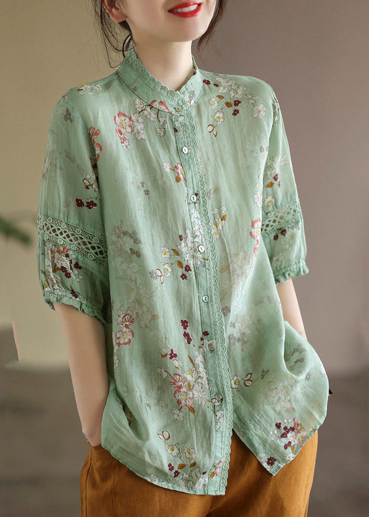 Unique Green Stand Collar Lace Patchwork Linen Top Half Sleeve