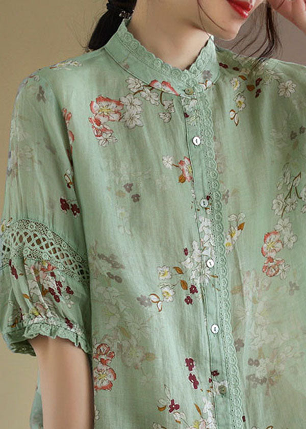 Unique Green Stand Collar Lace Patchwork Linen Top Half Sleeve