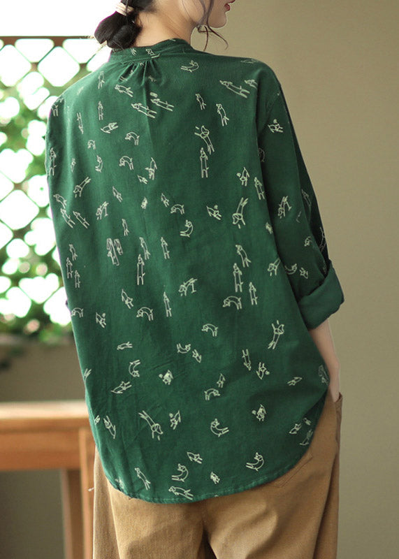 Unique Green Stand Collar Print Button Velour Shirt Long Sleeve