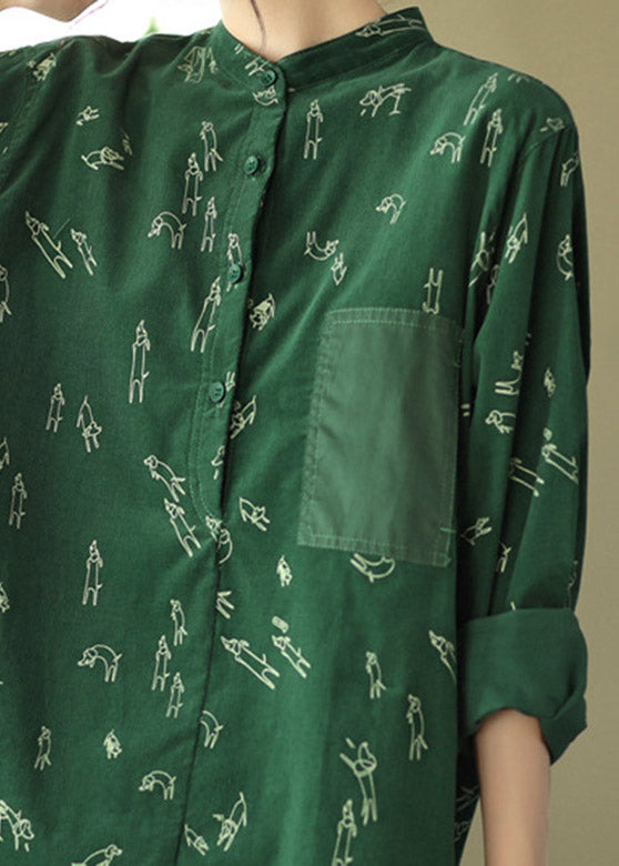 Unique Green Stand Collar Print Button Velour Shirt Long Sleeve