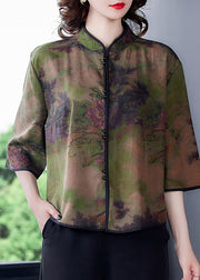 Unique Green Stand Collar Print Silk Shirt Tops Spring