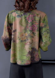 Unique Green Stand Collar Print Silk Shirt Tops Spring