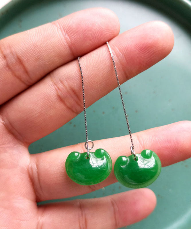 Unique Green Sterling Silver Dry Green Jade Ruyi Drop Earrings