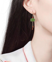 Unique Green Sterling Silver Overgild Inlaid Gem Stone Jade Drop Earrings
