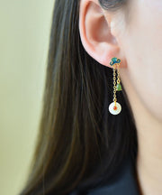 Unique Green Sterling Silver Ovgegild Jade Agate Enamel Xiang Yun Drop Earrings