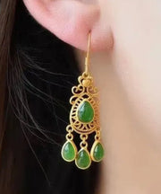 Einzigartige grüne Sterlingsilber-Quasten-Jade-Wassertropfen-Ohrringe