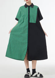 Unique Green Striped Asymmetrical Patchwork Cotton Shirt Dress Summer